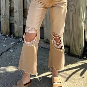 Trendy Distressed Flare Jeans in Tan
